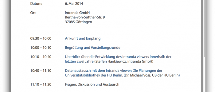 Tagesordnung intranda viewer Tag 2014