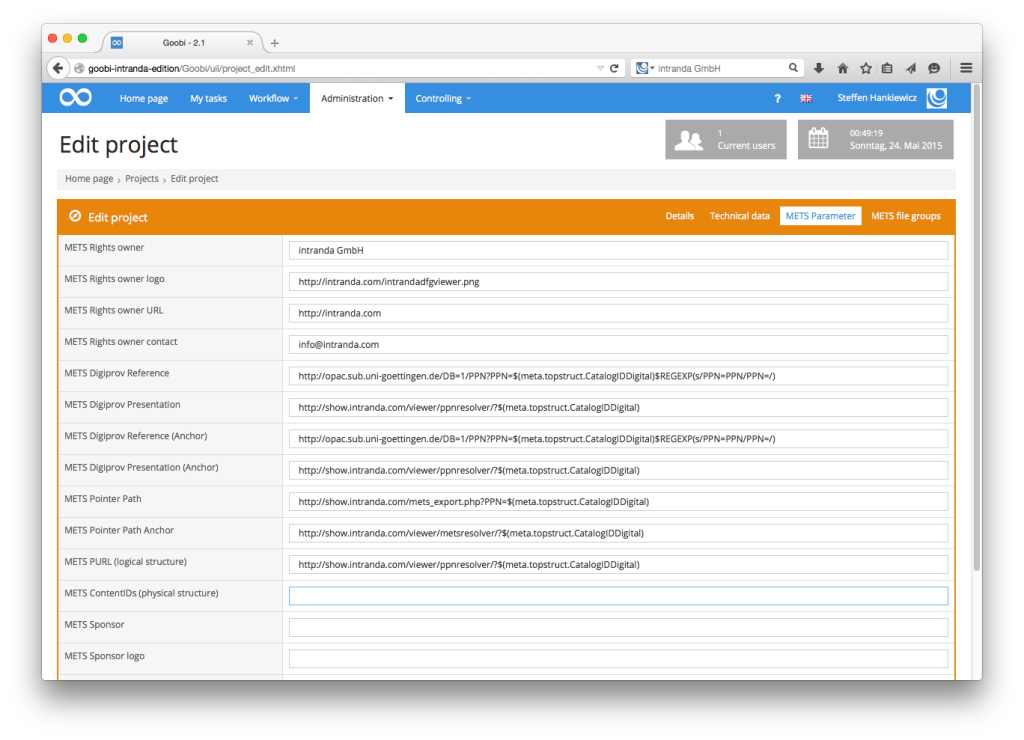 Goobi - METS-Parameters of a digitisation project