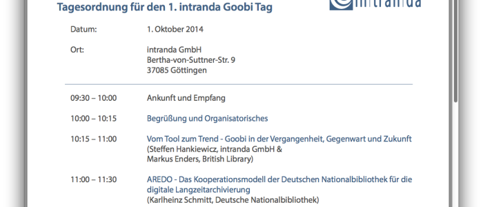 Tagesordnung Anwendertreffen intranda Goobi Tag 2014