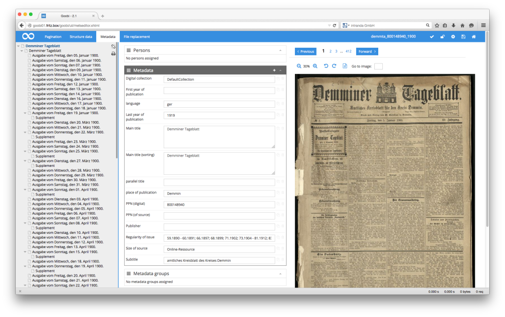 Goobi Production 2.1 – Metadata fields in Goobi METS Editor displayed in more compact form