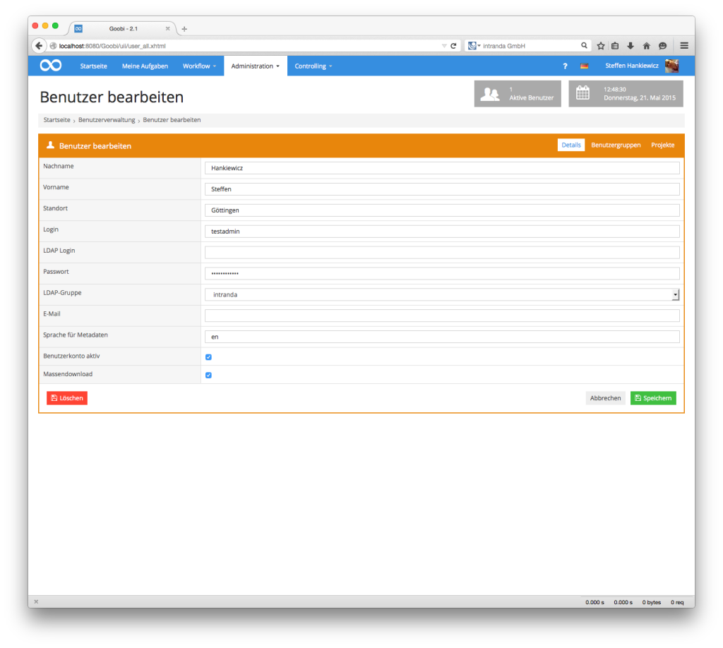 Goobi Production 2.1 - Bearbeitung eines Benutzers