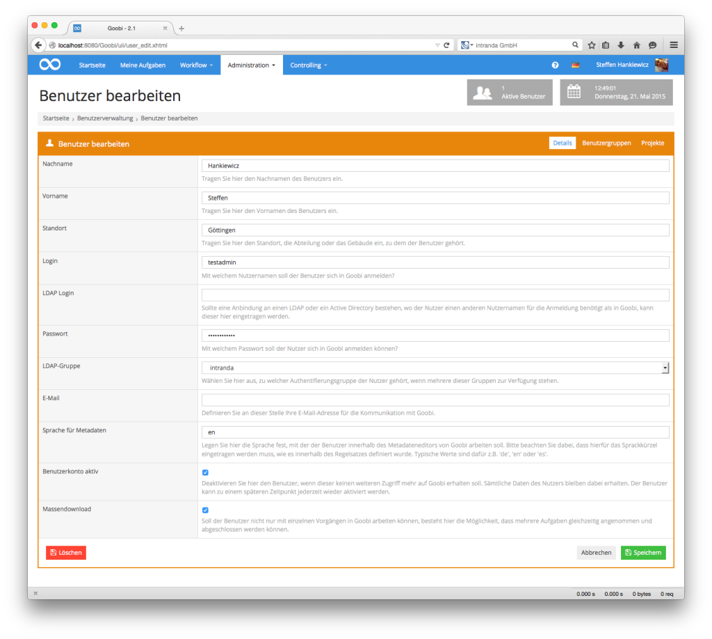 Goobi Production 2.1 - Bearbeitung eines Benutzers mit eingebetteter Hilfe