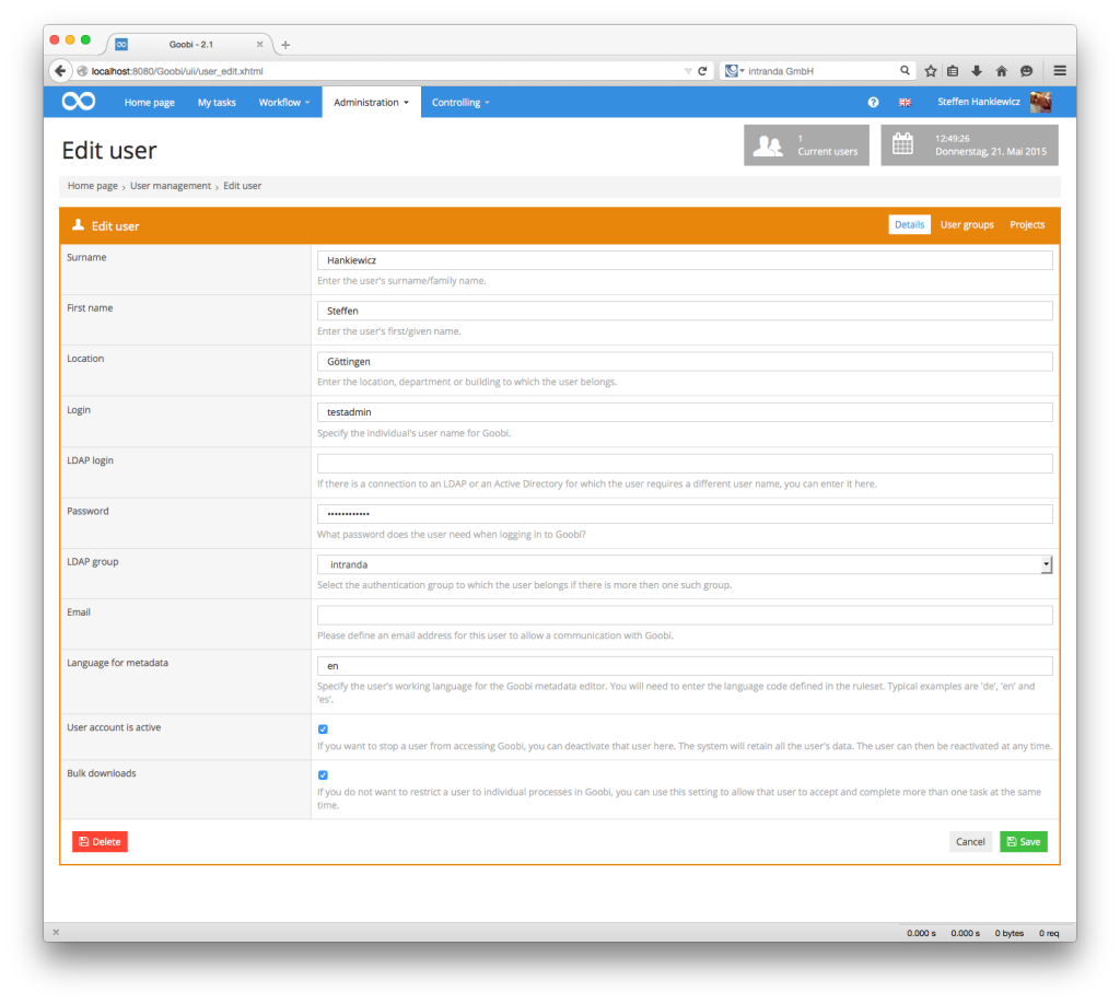 Goobi Production 2.1 – Editing a user with embedded help function