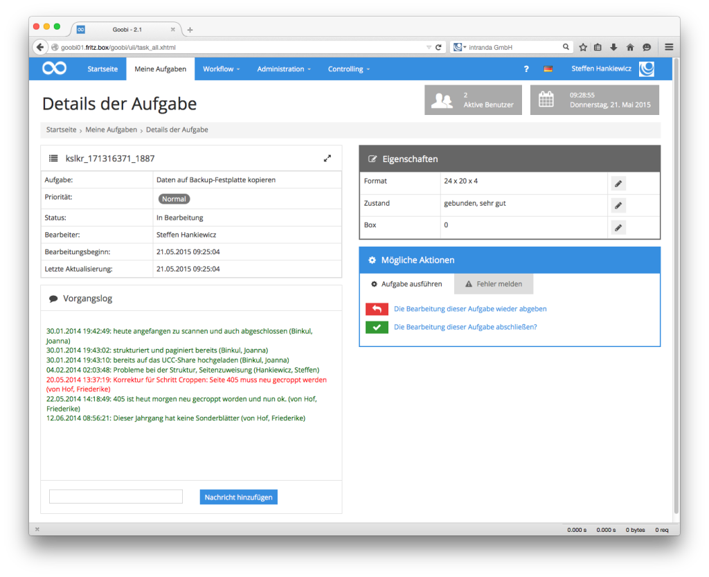 Goobi Production 2.1 - Im Vorgangslog können zu jedem Vorgang Kommentare erfasst werden