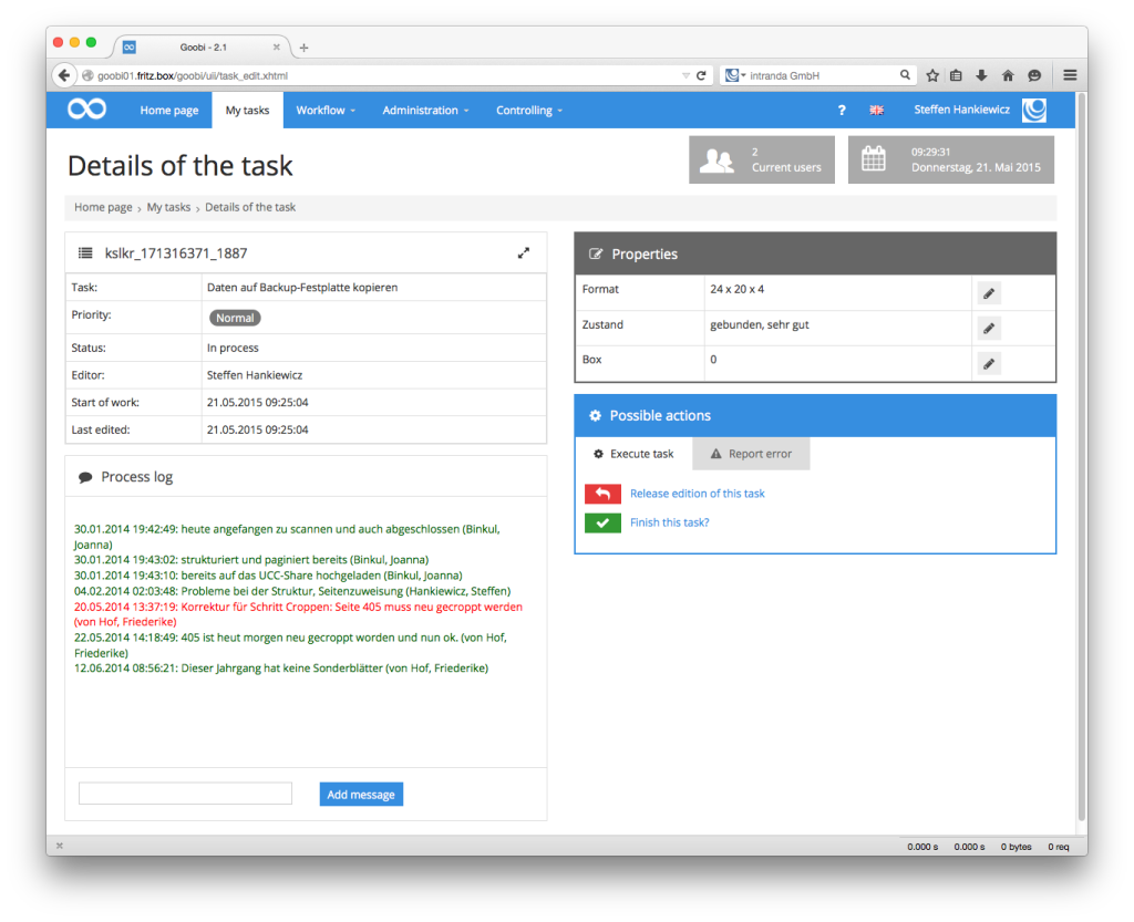 Goobi Production 2.1 – Option to add notes for each process in the process log