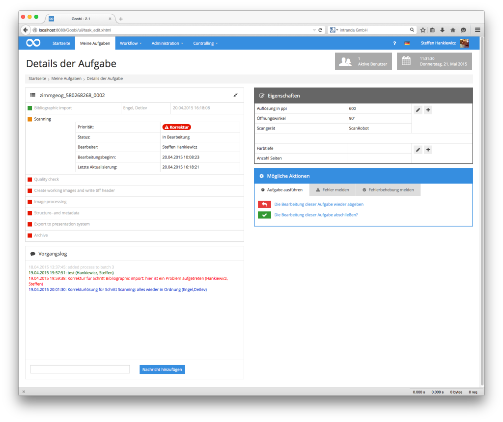 Goobi Production 2.1 - Workflow des Digitalisierungsvorgangs ist nun einsehbar während der Bearbeitung der Aufgaben