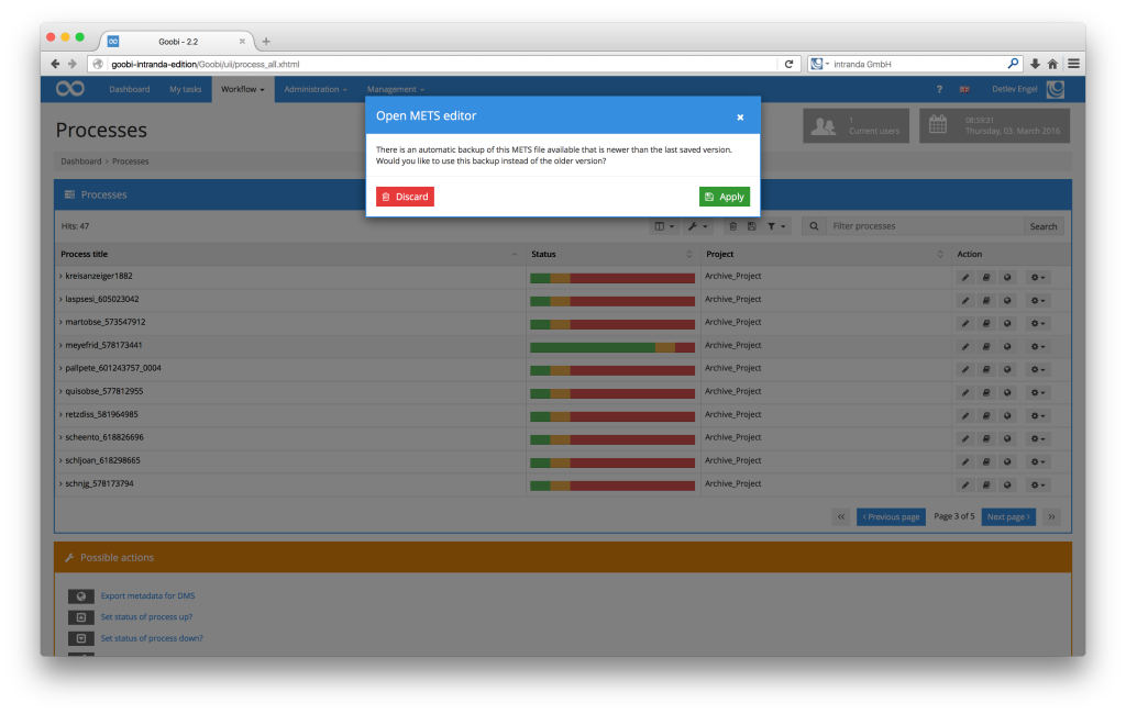 Workflow management for digitisation projects - Goobi 2.2: Automatic saving in the METS Editor