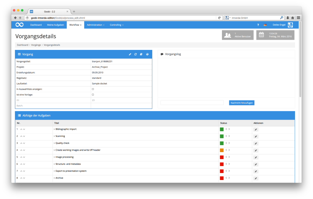 Steuerung von Workflows in Digitalisierungsprojekten - Goobi 2.2: Zutritt zum METS-Editor und Durchführung des Exports in die digitale Bibliothek direkt aus den Vorgangsdetails