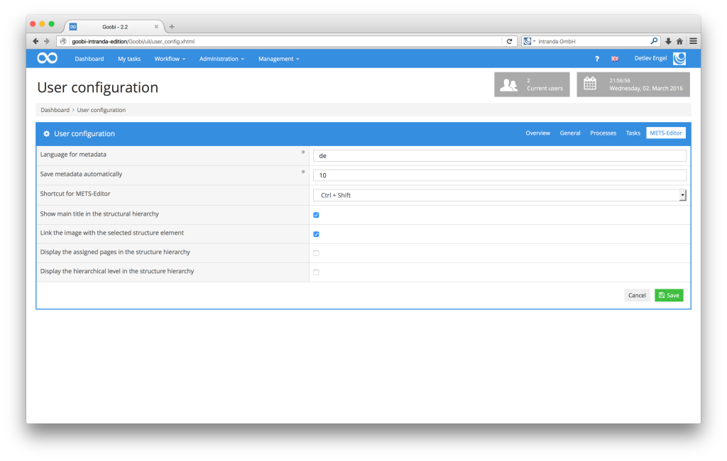 Workflow management for digitisation projects - Goobi 2.2: Additional user configuration options