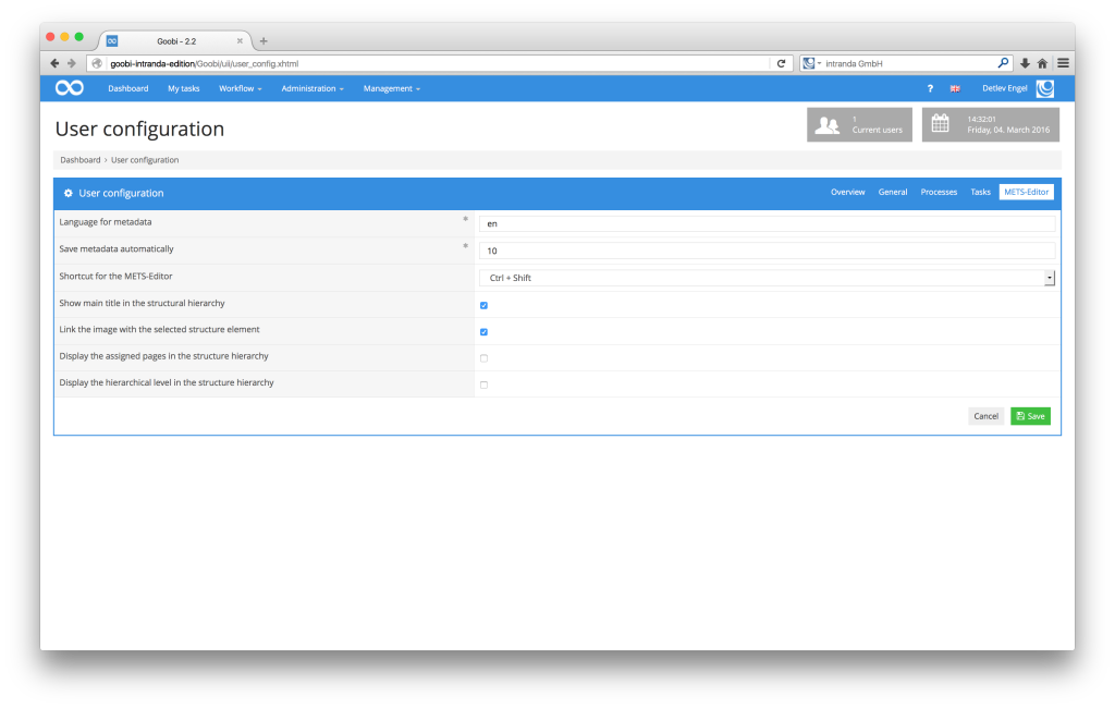 Workflow management for digitisation projects - Goobi 2.2: Individual settings permanently stored for the METS Editor