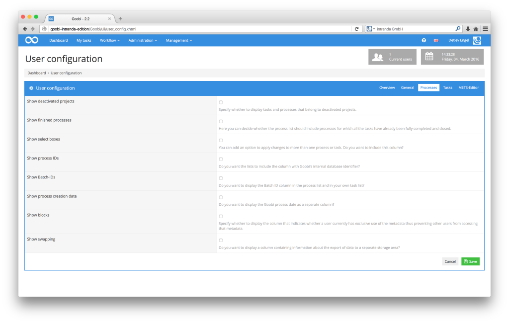 Workflow management for digitisation projects - Goobi 2.2: Additional user configuration options with help texts