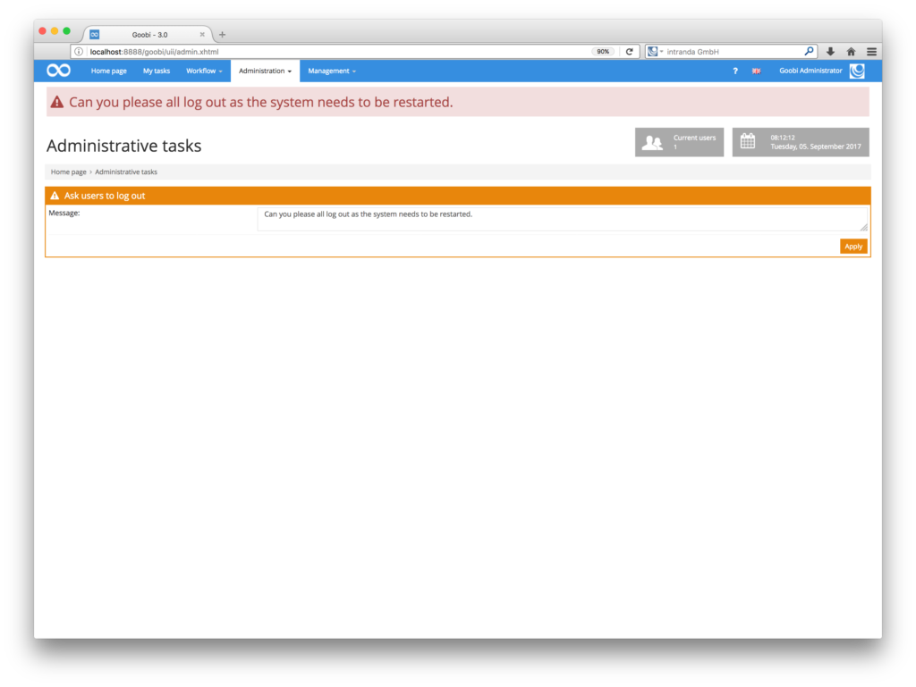 Goobi 3.0 - New administration area to issue important messages to all users