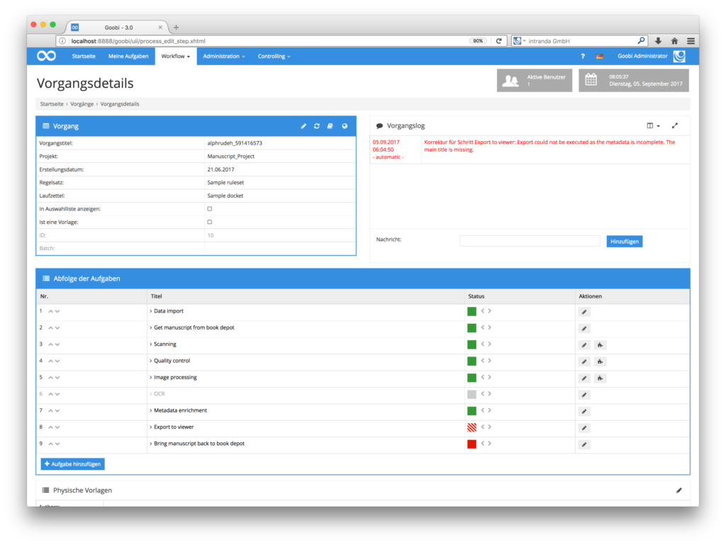 Goobi 3.0 - Neuer Schrittstatus für Digitalisierungsworkflows: Fehler und Deaktiviert