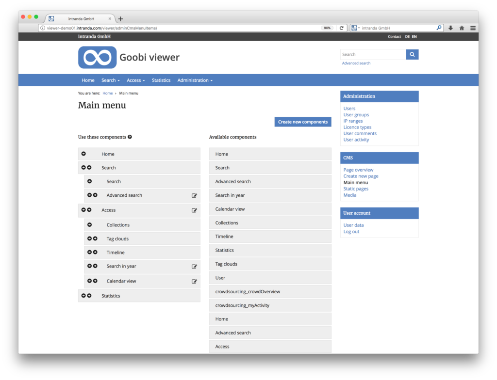 Goobi viewer 3.2 - Menu configuration inside of the content management system for the digital collections